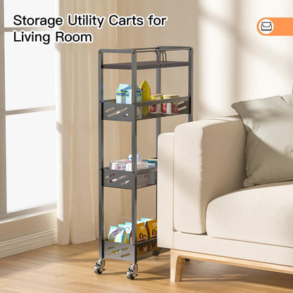 DGSNADGO Slim Rolling Storage Cart, 4-Tier Kitchen Cart on Wheels, Narrow Utility Cart with Handle and Wooden Tabletop for Small Space in Kitchen, Living Room, Bathroom, Laundry Room, Beige and White