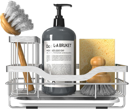 Sponge Holder for Kitchen Caddy Sink Organizer, Multifunctional Rustproof Dish Soap Sponge Caddy for Sink Counter with Detachable Brush Holder & Drain Tray - Storage Kitchen & Home Accessories