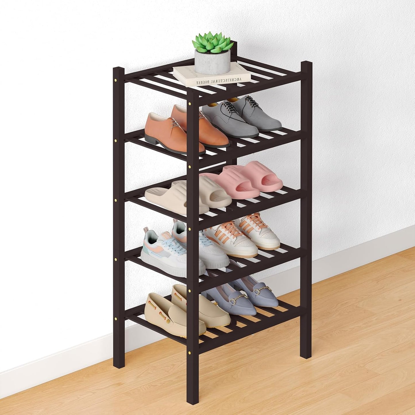 Smiry Bamboo Shoe Rack for Closet, 3 Tier Wooden Shoe Organizer, Stackable Wood Shoe Storage Shelf for Entryway, 14 Vertical Slats, One-piece Heavy-Duty Legs, 26.77"x11.02"x18.31", Natural