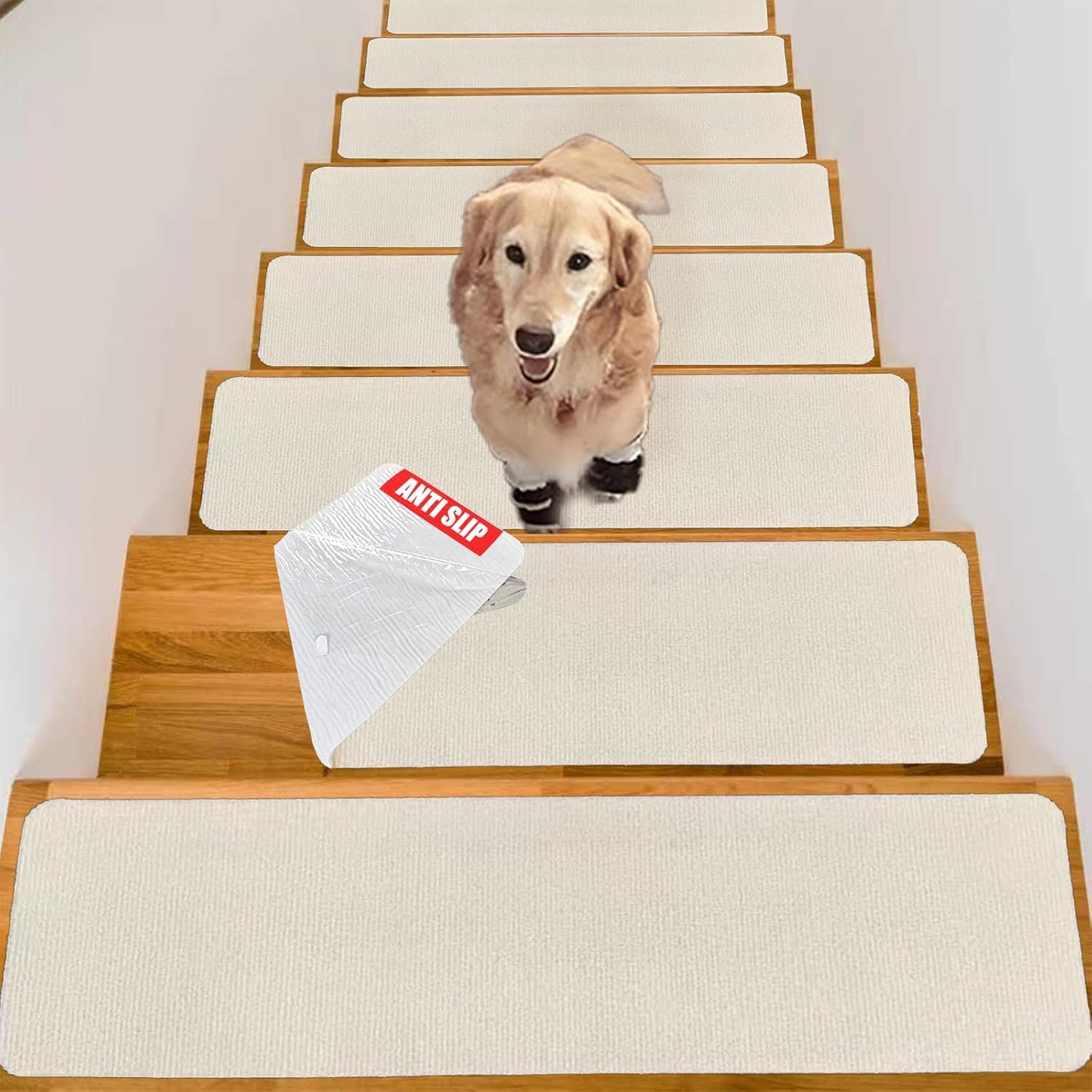 Nonslip Stair Treads Wooden Steps, 15 PCS 30" x 8" Safety Rug Slip Resistant Runner with Reusable Adhesive, Carpet Landing Mat for Family Elders Pets Soft Stair Mats Indoor (Black)