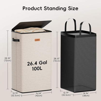 185L Laundry Hamper 3 Section, Laundry Hamper with Lid, Dirty Clothes Hamper with 3 Removable Washing Bags, Extra Large Laundry Basket Organizer for Bedroom, Laundry Room, Dorm - Black