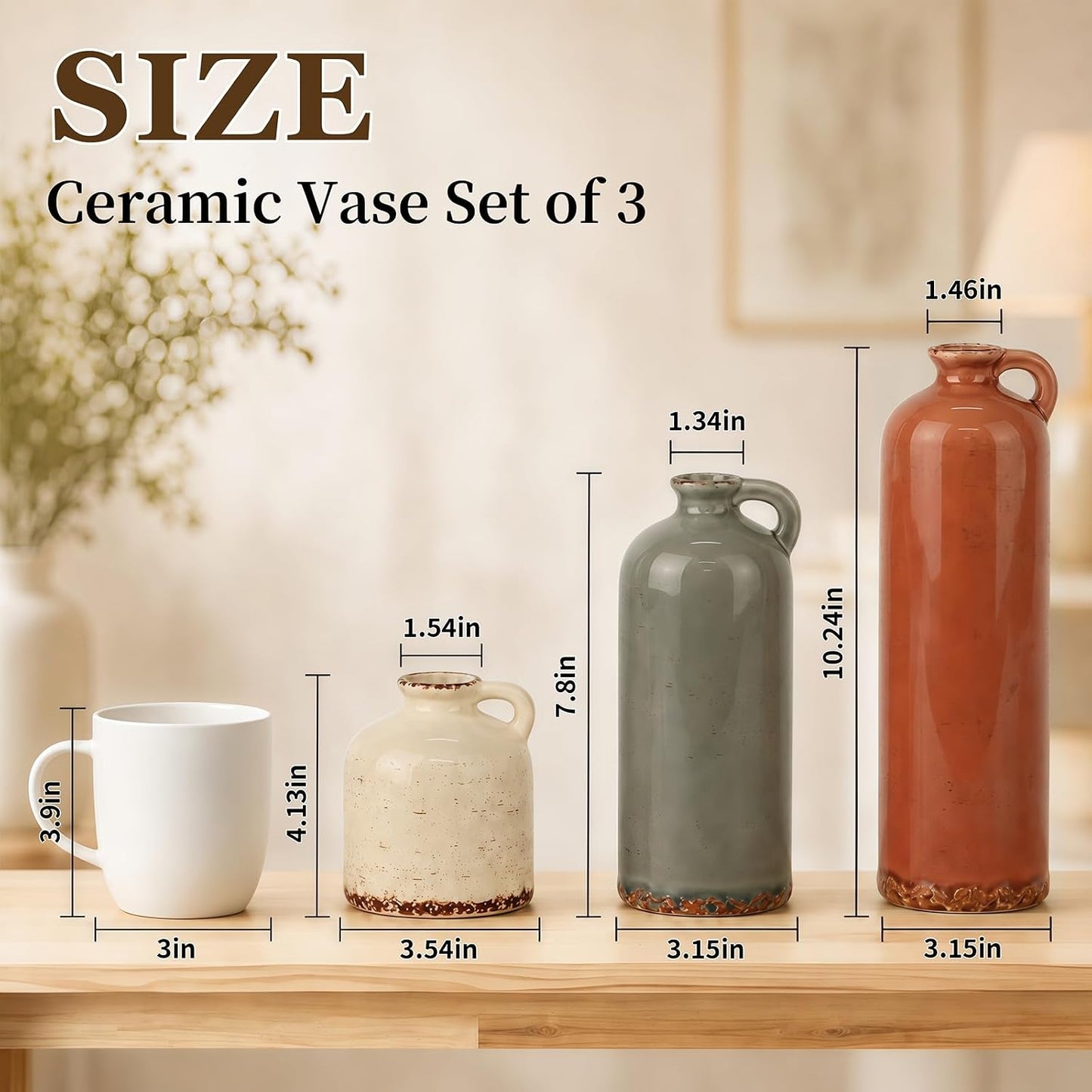 TBWIND Ceramic Vases Set of 3, Neutral Pottery Rustic Farmhouse Flower Vase | Small Decorative Flower Vases Modern Home Decor for Table Mantel Entryway Bookshelf Living Room Kitchen Bedroom