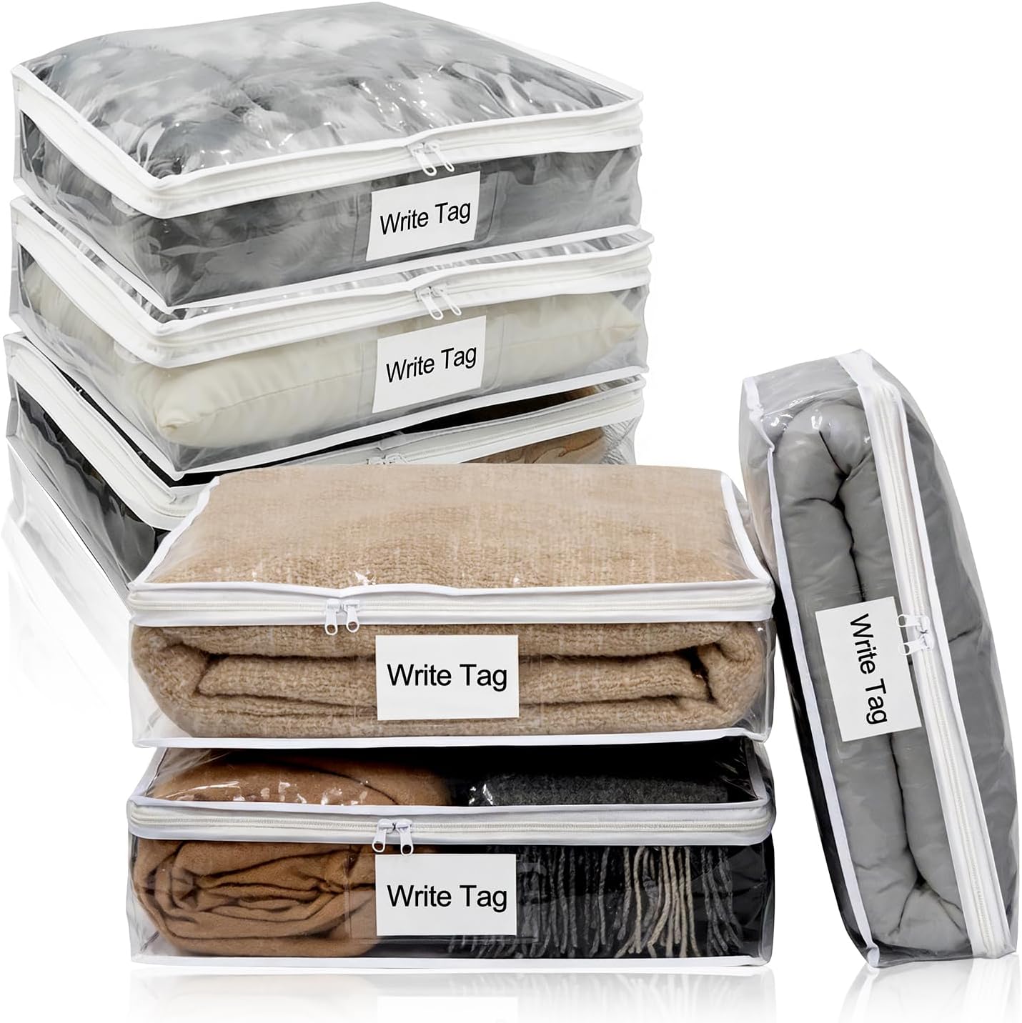 6 Pack Clear Zippered Plastic Storage Bags, Vinyl Sweater Bags with Zipper, Durable Clothing Organizer Protectors for Quilt, Blankets and Bedding, 15.3" x 13.8" x 3.9"