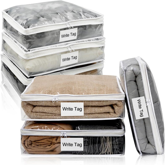 6 Pack Clear Zippered Plastic Storage Bags, Vinyl Sweater Bags with Zipper, Durable Clothing Organizer Protectors for Quilt, Blankets and Bedding, 15.3" x 13.8" x 3.9"