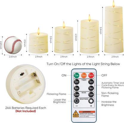 Raycare Flameless Candles with Remote Timer, Flickering Battery Operated LED Pillar Fake Candle with String Lights for Home Decor, Christmas, Wedding and Gift, White, Set of 3