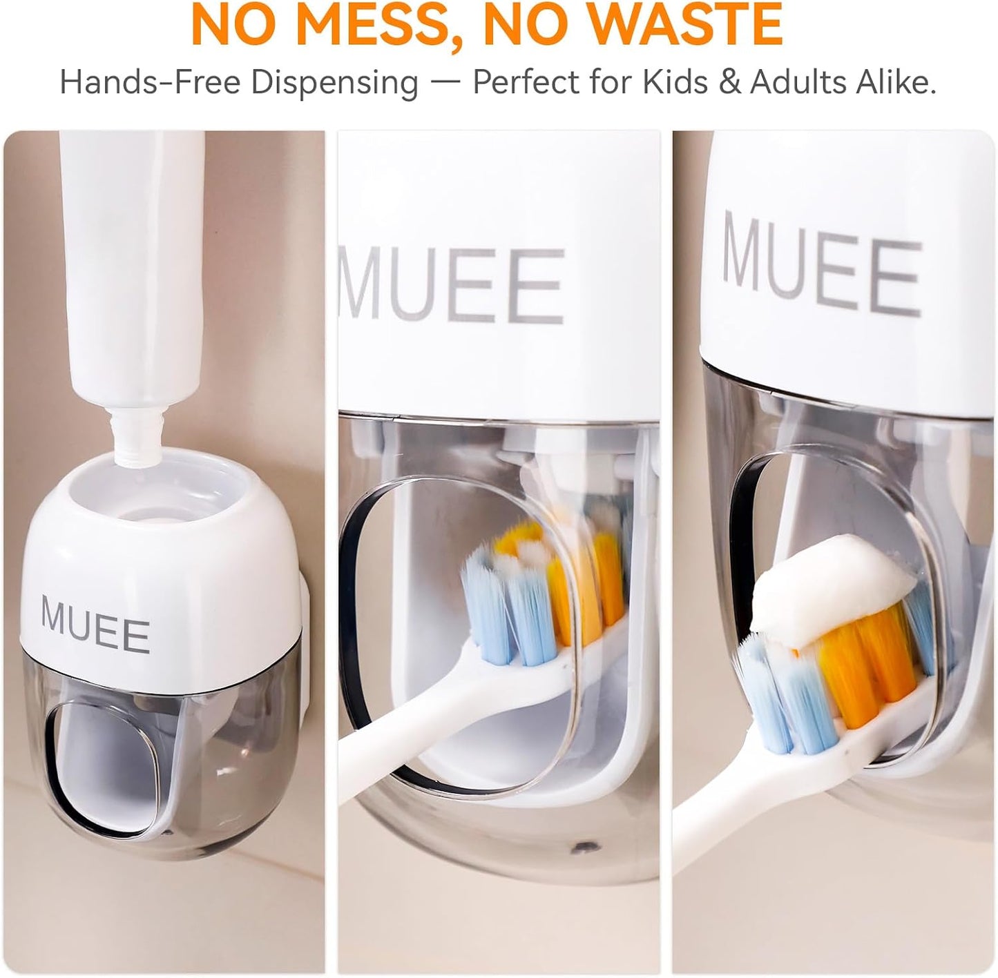 Toothbrush Holder Wall Mounted with Automatic Toothpaste Dispenser, Dustproof Flip Cover and Inverted Cup Slots, Multi-Functional No-Drill Bathroom Organizer for Family, Space Saver (3 Cups)