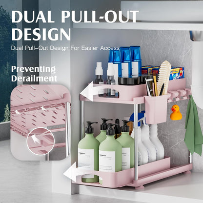 VERIFOST 2 Pack Under Sink Organizers and Storage, Double Sliding Kitchen Cabinet Organizer, 2 Tier Height Adjustable Countertop Organizer for Kitchen Bathroom Laundry, White