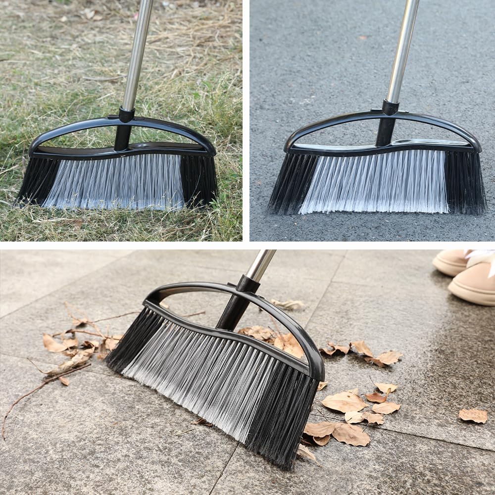 Commercial Heavy Duty Outdoor Broom, 15.7" Extra Wide Angle Broom with 4-Layer Stiff Bristles, Adjustable 38-53.5" Handle for Patio Garage Garden Yard Concrete (Red)