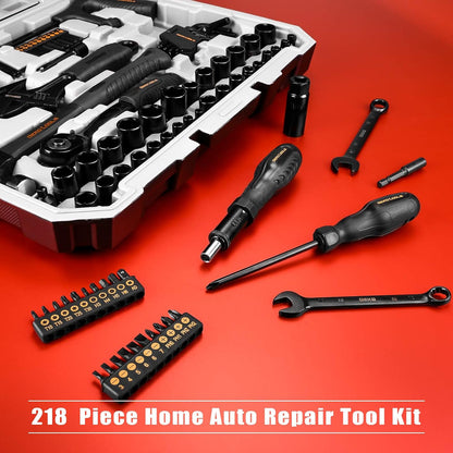DEKOPRO 218-Piece General Household Hand Tool kit, Professional Auto Repair Tool Set for Homeowner, General Household Hand Tool Set with Plier, Screwdriver Set, Socket Set, with Portable Storage Case