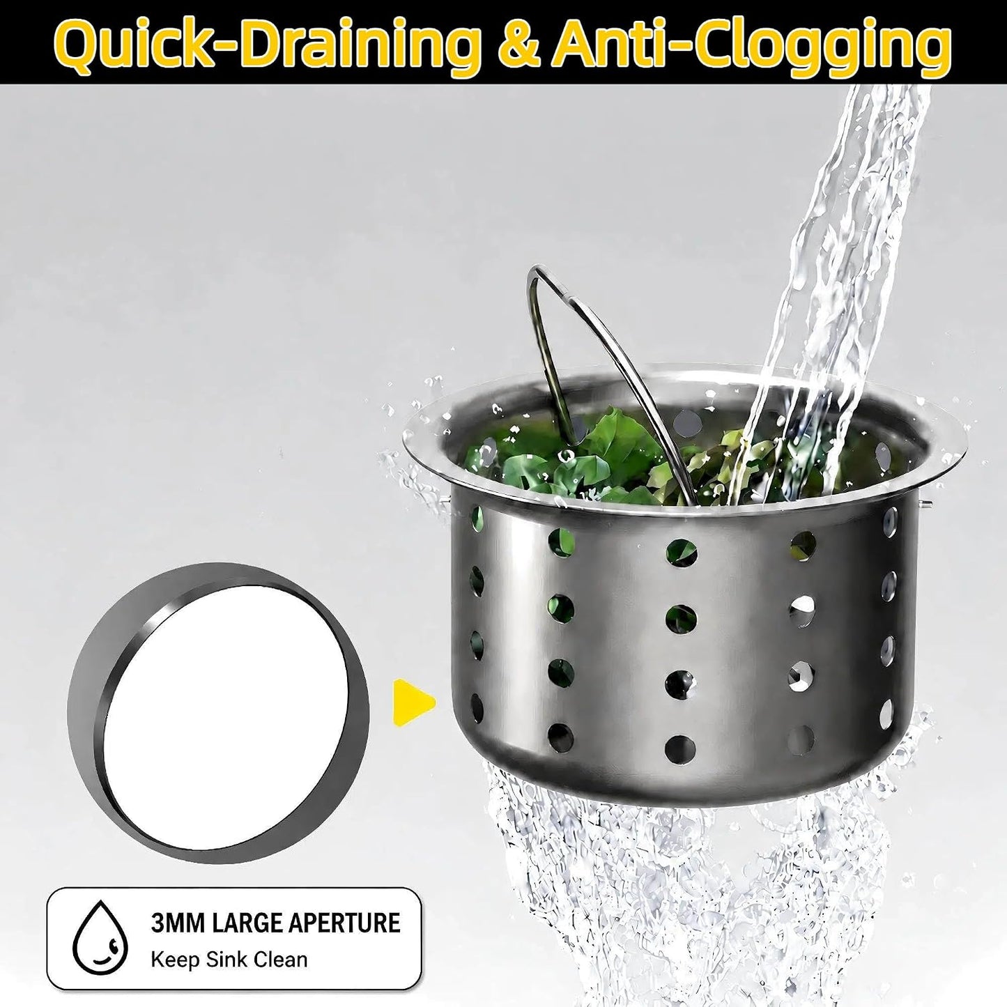 Kitchen Sink Drain Assembly Kit, 3-1/2 Inch Brushed 304 Stainless Steel Basket Strainer with Deep Removable Basket, Stopper & Cover Lid, Fits Standard Kitchen Sinks
