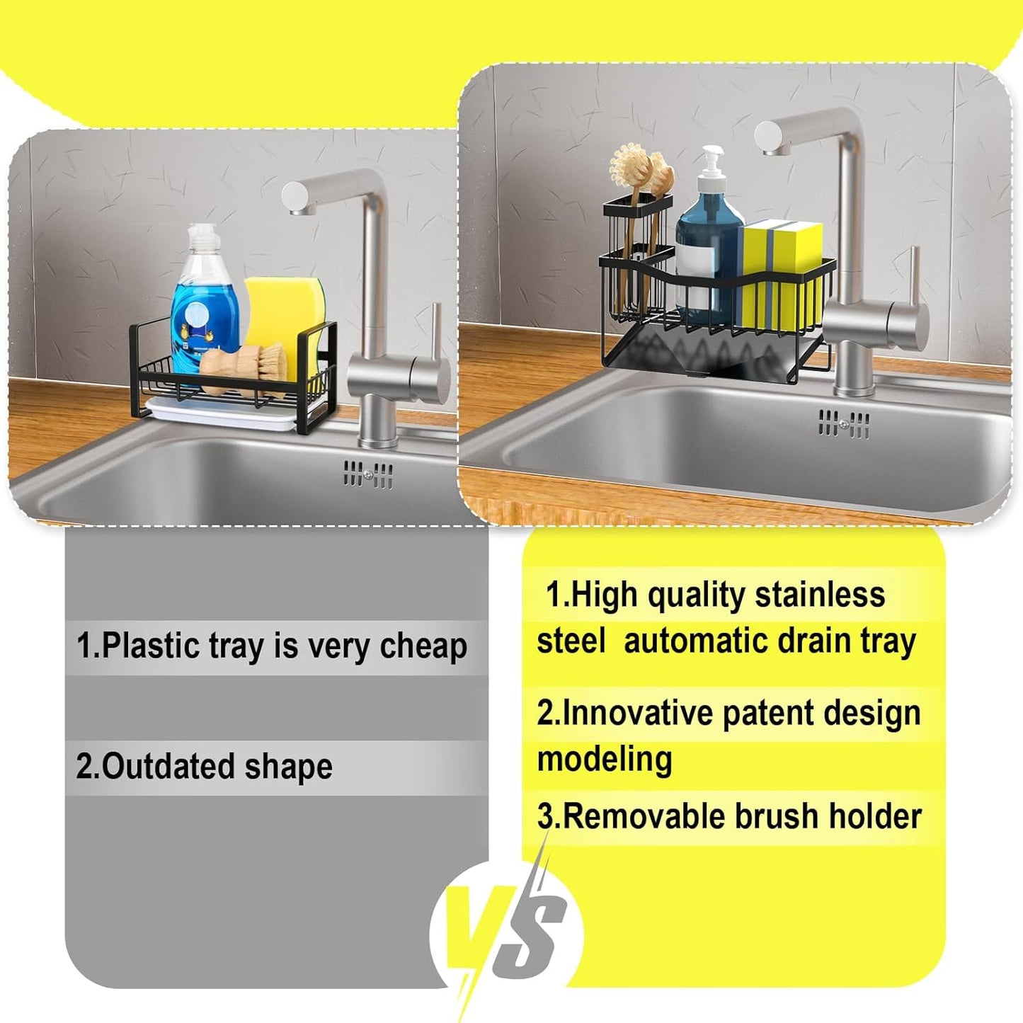 Maifan Sink Caddy Sponge Holder for Kitchen with Brush Holder and Stainless Steel Self Drain Tray, Rustproof Kitchen Sink Organizer for Sponge, Soap Dispenser Storage Accessories (Lacquer Silver)