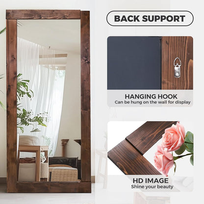 Solid Wood Full Length Mirror - 65"x22" Arched Floor Mirror, Free Standing & Wall Mounted - Elegant Design for Bedroom, Dressing Room, Hallway, Brown