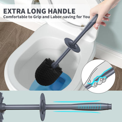 Toilet Brush, Toilet Bowl Brush with Extra Long Handle Durable Bristles Toilet Scrubber and Covered Holder for Toilet Brush Set for Bathroom Cleaning (Black, 1 Set)