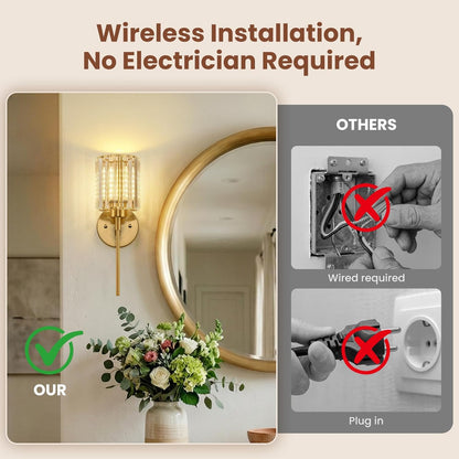 Crystal Battery Operated Wall Sconces, Brushed Gold Rechargeable Wireless Wall Sconce Lights with Dimmable Bulbs and Remote, 12 Colors and 3CCT Dimmable Crystal Lamps for Living Bedroom, 3000~6000K