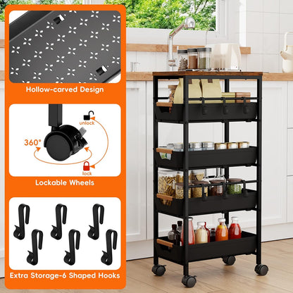 5-Tier Slim Storage Cart, Wooden Top Rolling Kitchen Cart with Pull-Out Baskets & Wheels, Narrow Space Utility Cart Slide Out Organizer for Kitchen, Bathroom, Laundry Room, White