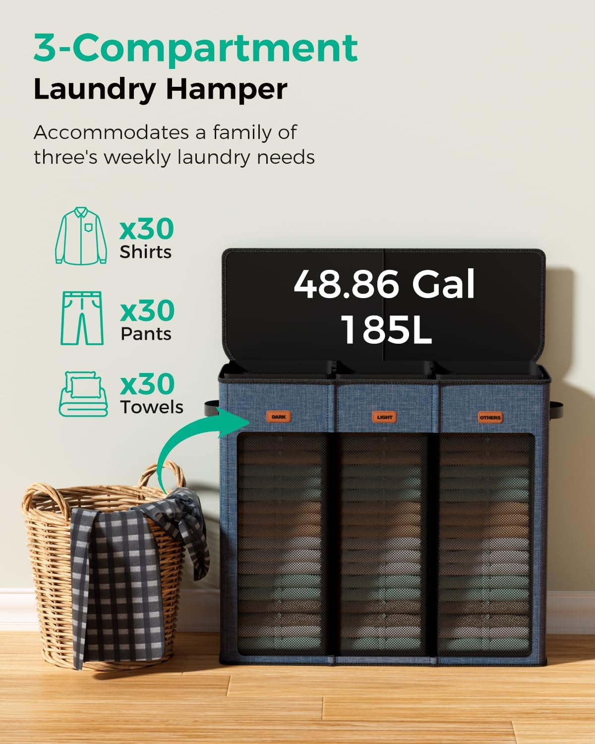 185L Laundry Hamper 3 Section with Lid & Removable Bags | Collapsible laundry basket organizer for laundry room, bedroom & dorm with 3 removable washing bags