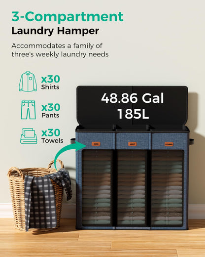 185L Laundry Hamper 3 Section with Lid & Removable Bags | Collapsible laundry basket organizer for laundry room, bedroom & dorm with 3 removable washing bags