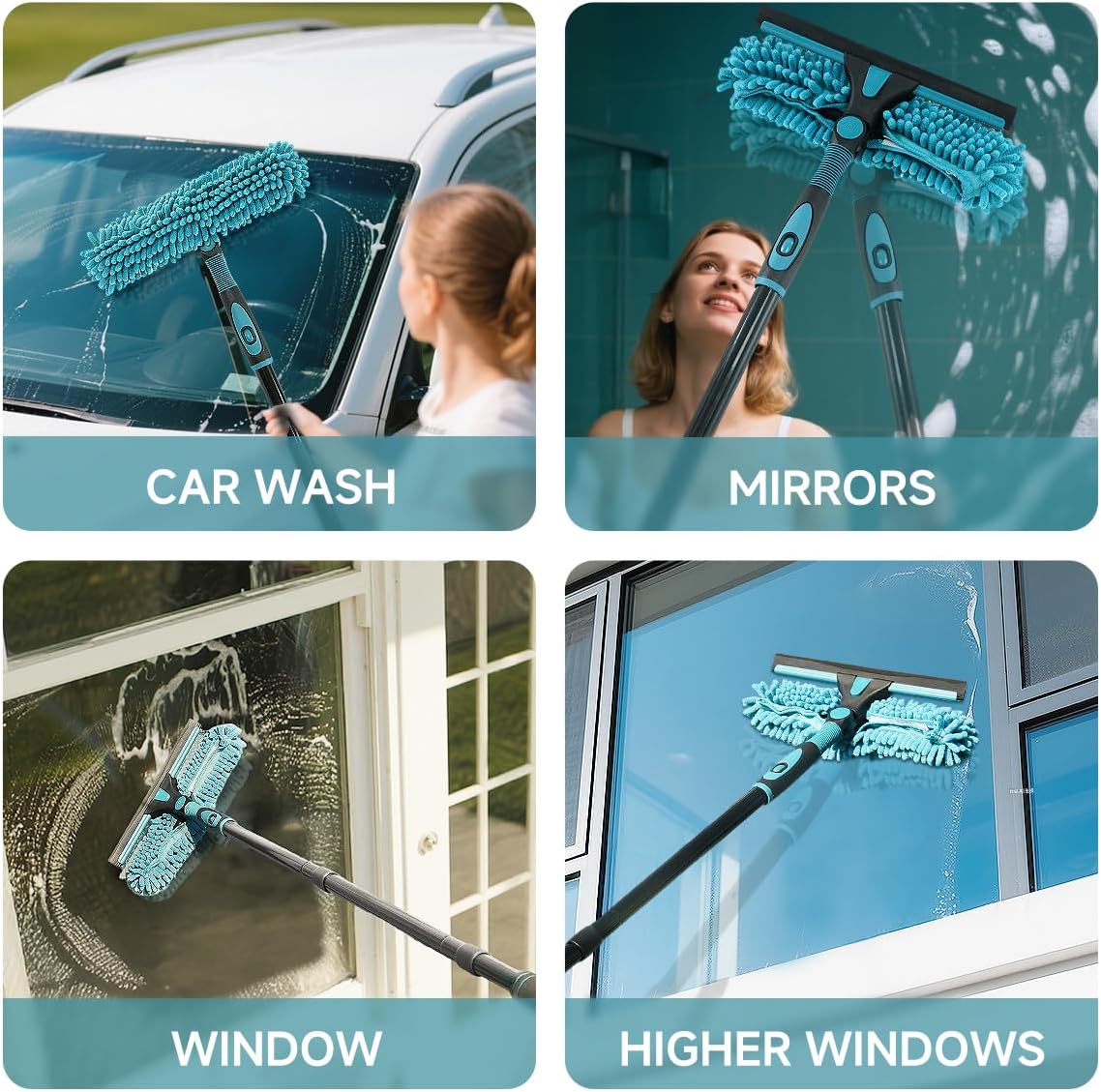 Buysenton Professional 2-in-1 Window Squeegee Cleaner Tool with 62" Extension Pole, Rotatable Bendable Head & Scrubber, Car Glass Cleaning Kit for Windows, Shower, Gas Station - 1 Blade 2 Scrubber