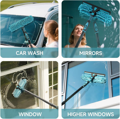 Buysenton Professional 2-in-1 Window Squeegee Cleaner Tool with 62" Extension Pole, Rotatable Bendable Head & Scrubber, Car Glass Cleaning Kit for Windows, Shower, Gas Station - 1 Blade 2 Scrubber