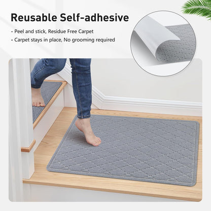 KOOTETA Stair Treads for Wooden Steps Indoor, 15 Pack 8" X 30" Non Slip Carpet Stair Treads with Reusable Adhesive for Kids Elders and Dogs, Surface Polyester TPR Backing Stair Runner Rugs, Dark Grey