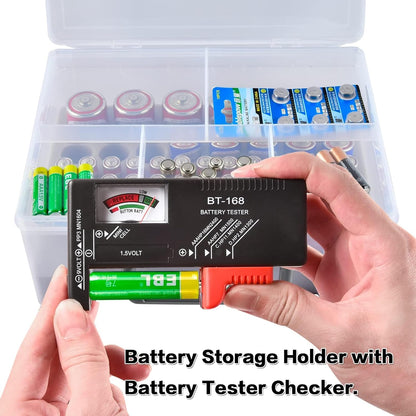 Battery Organizer Storage Box, Garage Storage Containers Case Holder with Checker Tester Fits for AA AAA C D 9V Lithium 3V (Not Includes Batteries Pack)