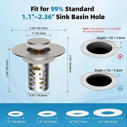 Universal Metal Bathroom Sink Drain Strainer Hair Catcher Upgraded 3 in 1 Pop-up Sink Stopper, with Detachable Stainless Steel Filter Basket, Fit for Standard 1.1''~2.36'' Basin Hole, Brushed Nickle