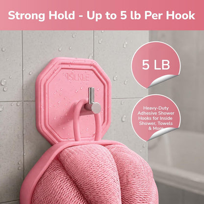 SILKLE Adhesive Silicone Shower Hooks - Adhesive Wall Hooks & Towel Holder for Bathroom, Tile, Glass, No-Drill, Waterproof & Rustproof, Heavy-Duty Stainless Steel, Damage-Free Removal - 2 Pack, Brown