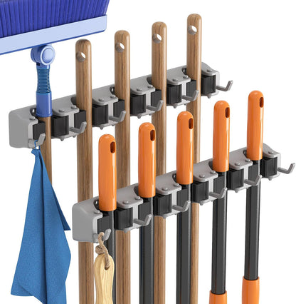 Lifewit Mop and Broom Holder Wall Mount, Anti-Slip Broom Hanger for Cleaning Supplies Organizer, Easy Install Tool Hanging Rack for Closet, Kitchen, Garage, 5 Slot 6 Hooks, Hold 30lbs, Black, 1 Pack
