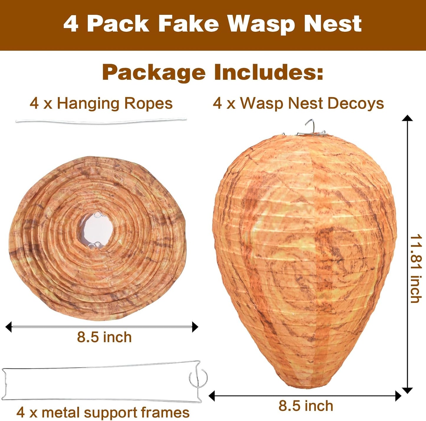 Fake Wasp Nest 4 Pack, Upgraded Waterproof Wasp Nest Decoy Outdoor Hanging, Realistic Artificial Hornet Nests with Stainless Steel Frame for Patio, Porch, Garden, Backyard, Under Eaves