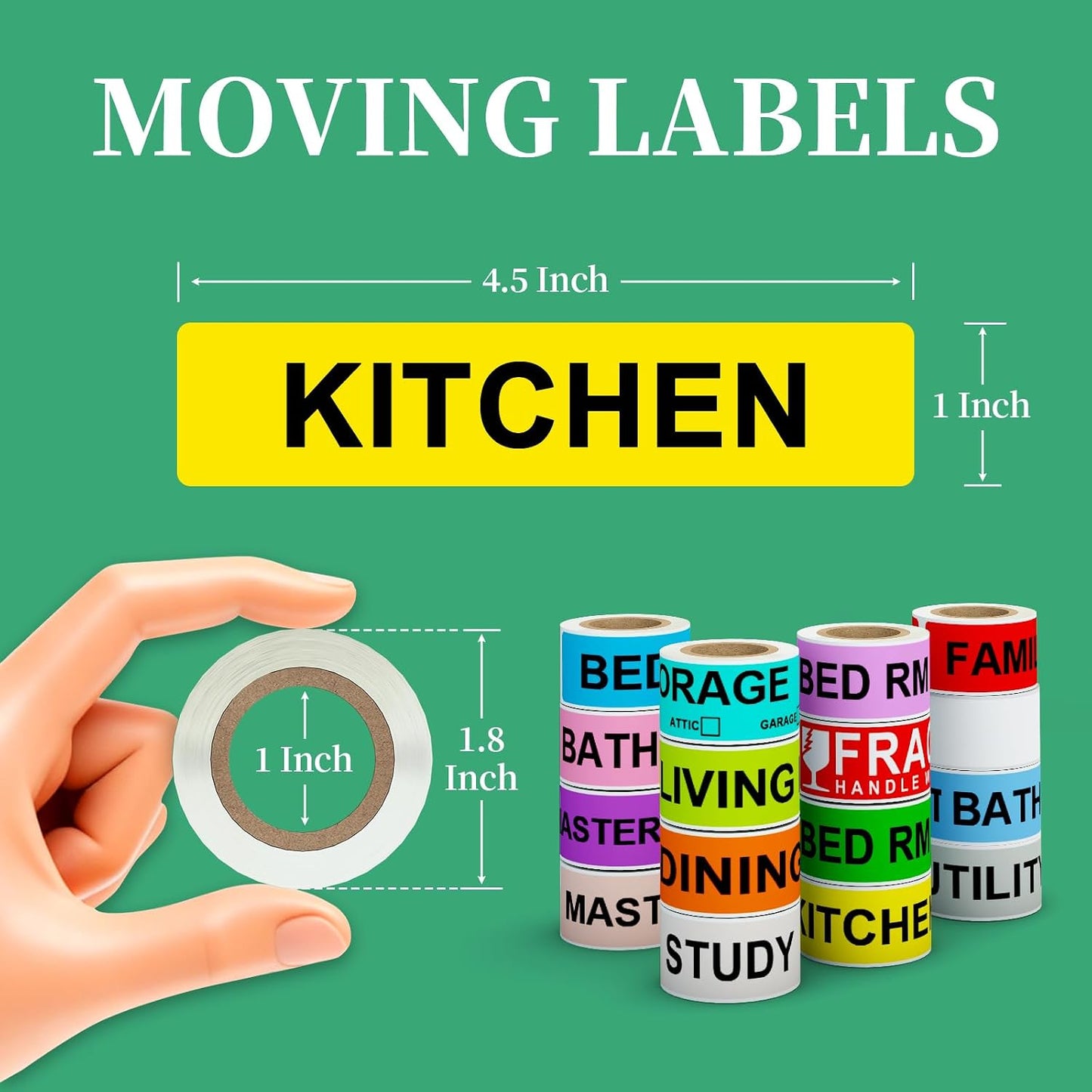 Moving Box Labels – 1440 PCS (24 Rolls) Color Coded Room Stickers, 1''x4.5'' Strong Adhesive Home Packing Stickers for Boxes of Bedroom, Kitchen, Garage, Fragile & Heavy Item Warning Labels, BIAlabel