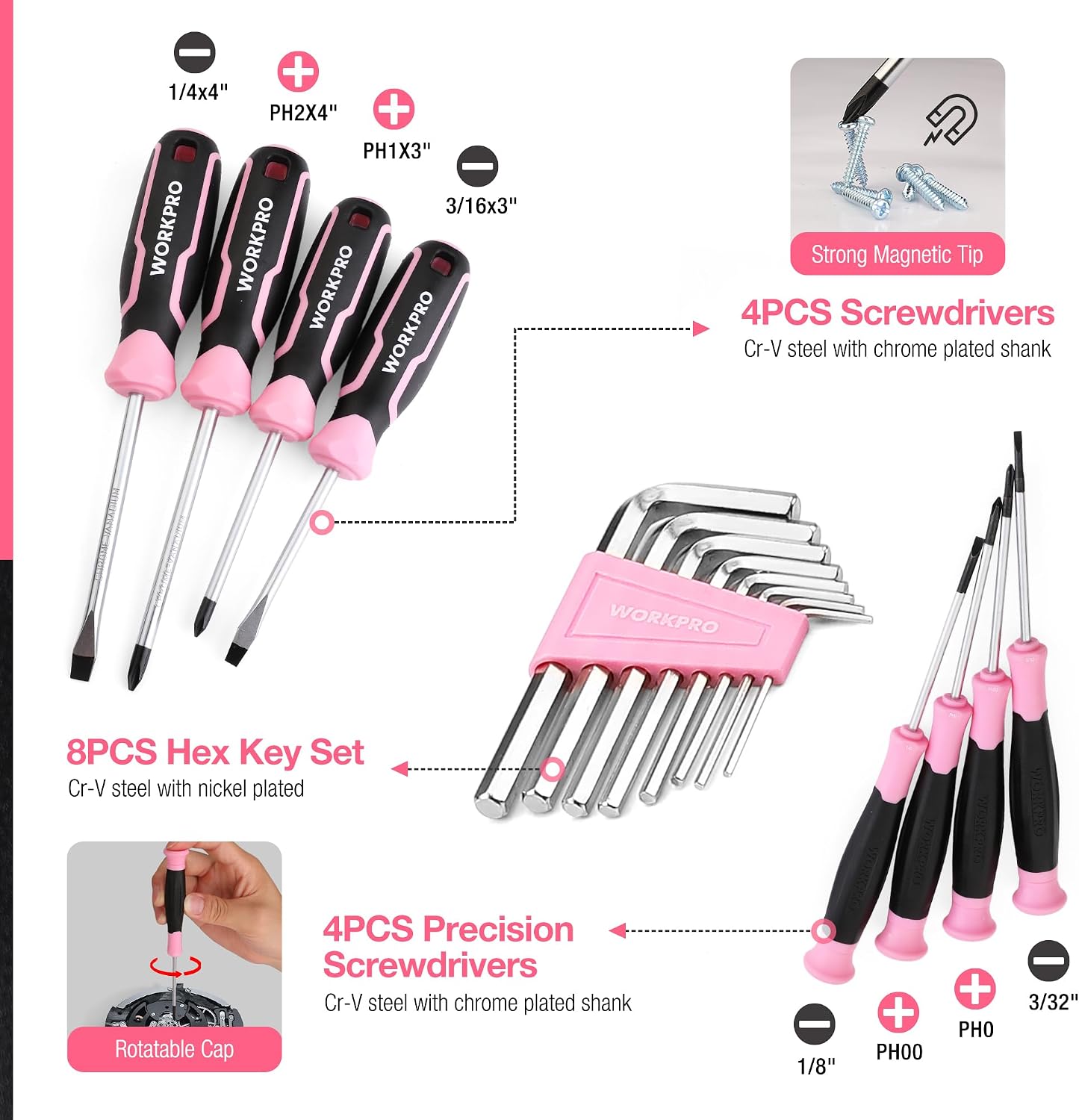WORKPRO Pink Tool Set, 277 PCS Home Repairing Tool Kit, Pink Tool Bag with 13-Inch Wide Mouth Open Storage Bag, Portable Home Tool Kit Including Hammer, Screwdriver, and Household Tools - Pink Ribbon
