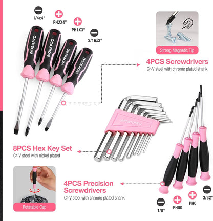 WORKPRO Pink Tool Set, 277 PCS Home Repairing Tool Kit, Pink Tool Bag with 13-Inch Wide Mouth Open Storage Bag, Portable Home Tool Kit Including Hammer, Screwdriver, and Household Tools - Pink Ribbon
