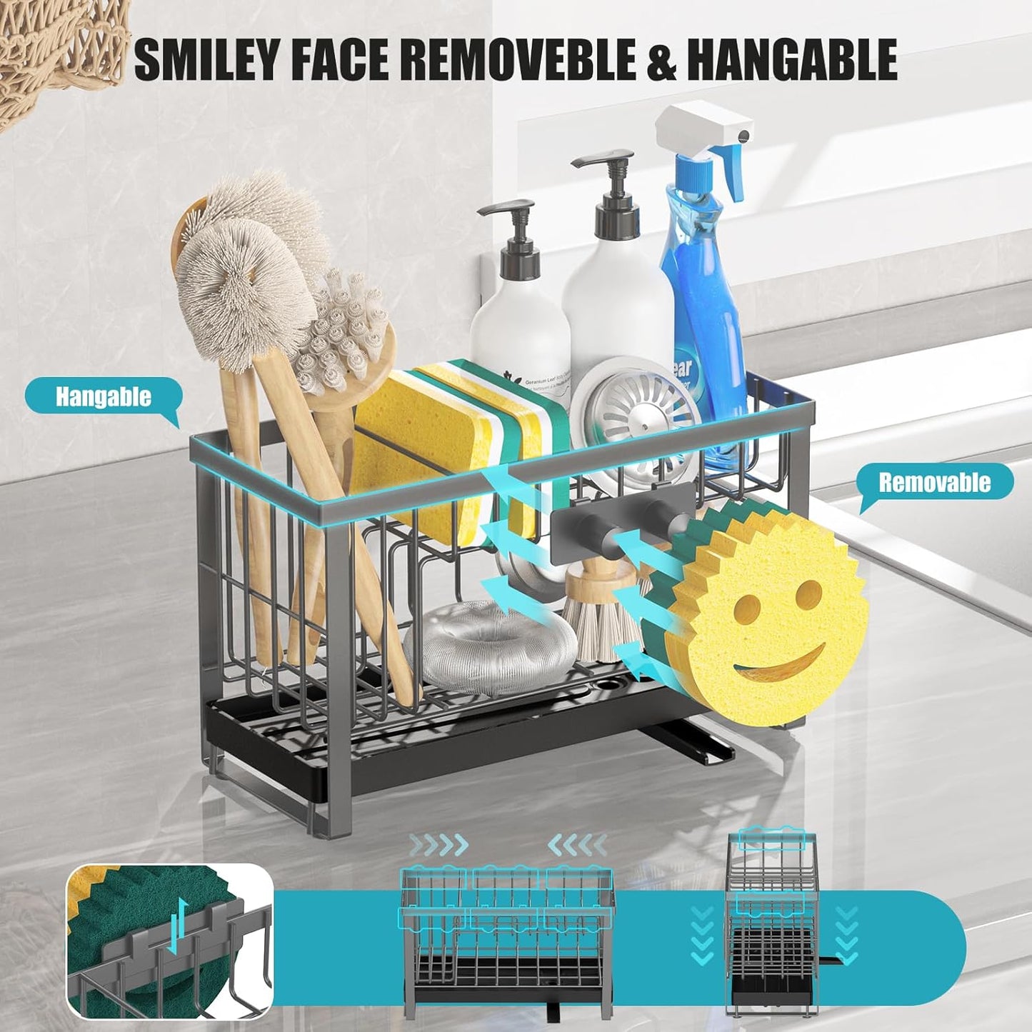 Sponge Holder for Kitchen Sink,Smiley Face Sink Caddy with Removable Brush Holder,Self-Draining Sponge Caddy for Soap,Dish Brush,Scrubber,Kitchen Essentials and Gadgets-Silver