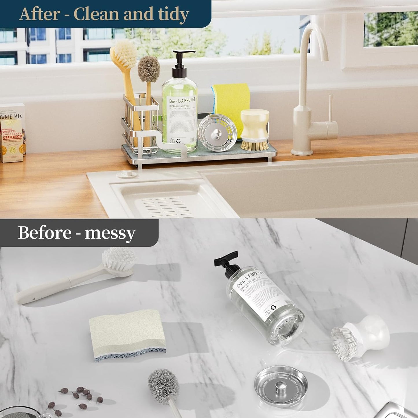 Consumest Sponge Holder for Kitchen Sink - Sink Caddy Organizer with Water Absorbing Stone Tray, Detachable Brush Holder, Stainless Steel Kitchen Counter Organizer Rack, Black