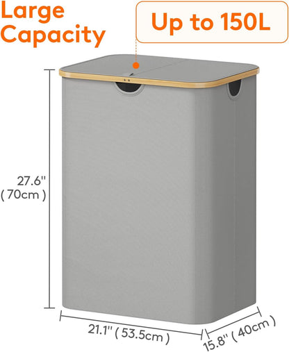 Lifewit 120L Laundry Basket with Lid, Clothes Hampers for Laundry with Bamboo Handles and 2 Removable Bag, Large Foldable Laundry Hamper for Bedroom, Bathroom, Dorm, Laundry Room, Beige