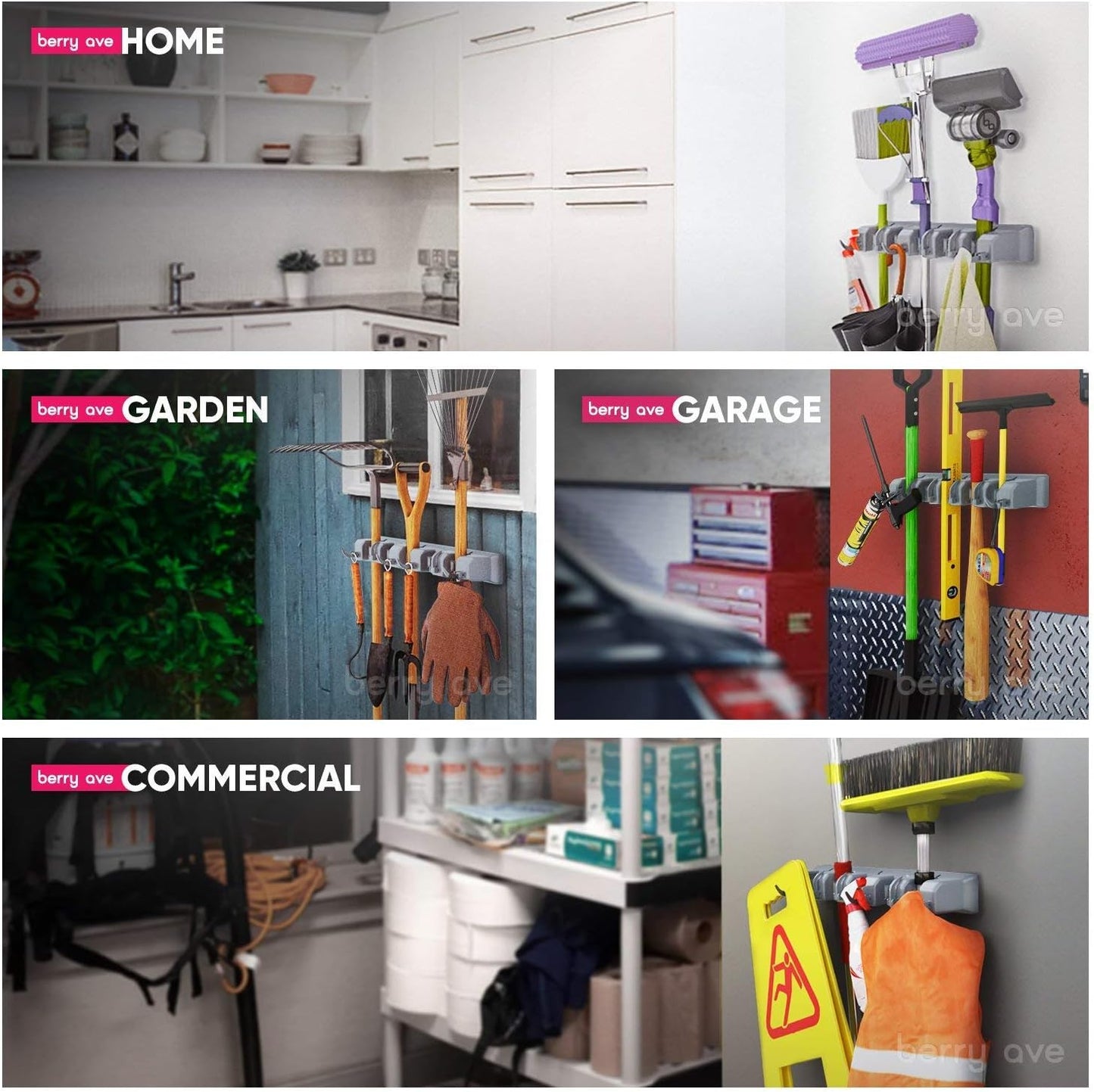 Broom Holder Wall Mount, Mop and Broom Organizer – Wall Mounted Broom Rack & Mop Rack, Rack for Brooms and Mops | Broom Hanger Wall Mount with 5 Slots & 6 Hooks, Kitchen Garage Laundry Garden