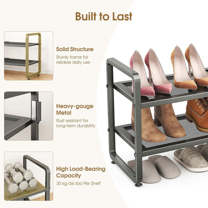 SAYZH Expandable Shoe Rack for Closet, Adjustable Metal Shoe Organizer with Sturdy Mesh Shelves for Boots & Heels, Stackable Shoe Storage for Entryway, Garage, Small Spaces (Black, 2-Tier)
