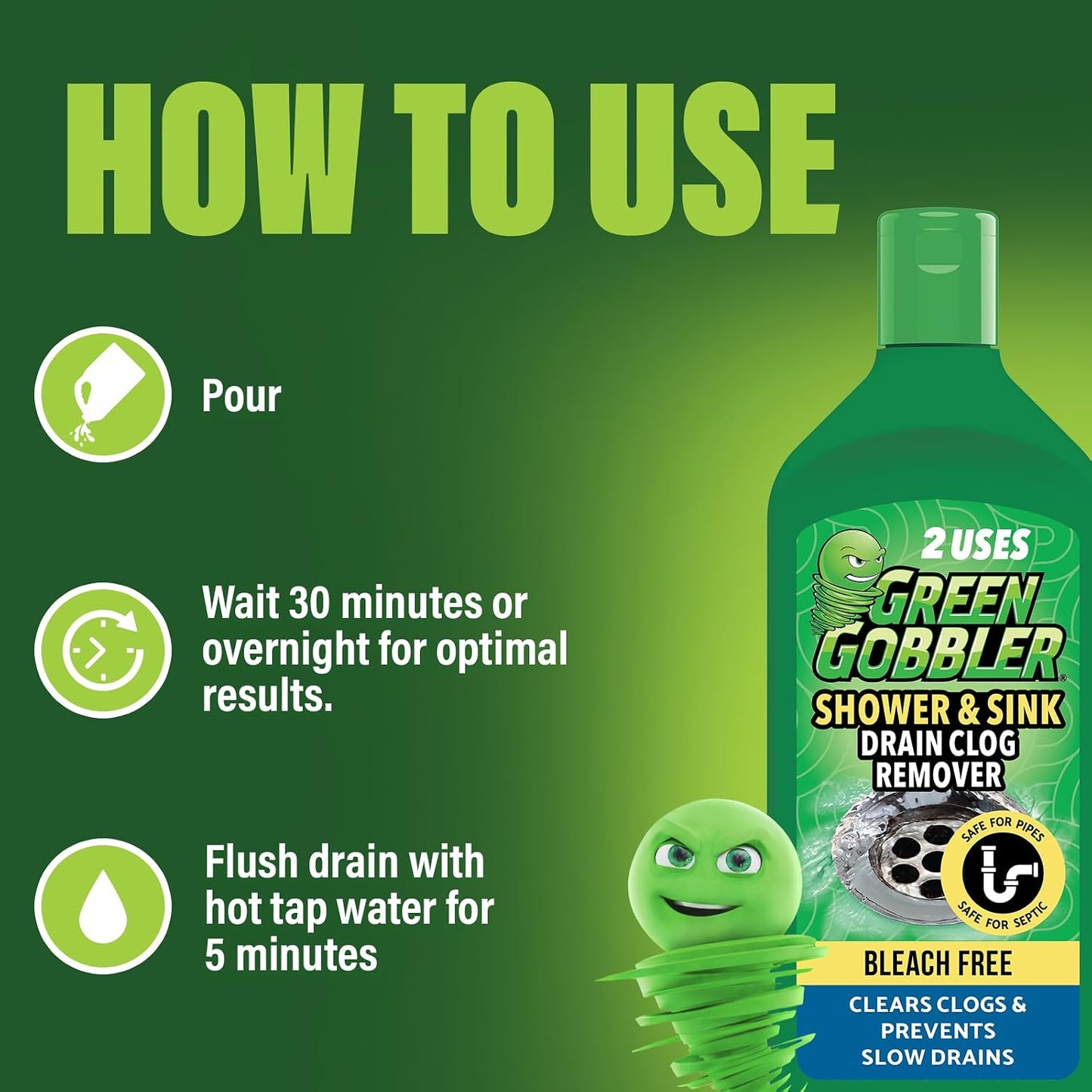 Green Gobbler Ultra Concentrated Drain Clog Remover & Cleaner | Powerful Hair, Grease & Soap Dissolver for Bathroom, Kitchen, Shower, Sink & Toilet | Safe for Pipes & Septic Systems