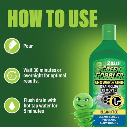 Green Gobbler Ultra Concentrated Drain Clog Remover & Cleaner | Powerful Hair, Grease & Soap Dissolver for Bathroom, Kitchen, Shower, Sink & Toilet | Safe for Pipes & Septic Systems