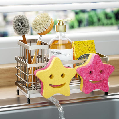 HapiRm Sponge Holder for Kitchen Sink - Self-draining Sink Caddy with Brush and Dishcloth Holders, Stainless Steel Kitchen Countertop Organizers and Storage Essentials - Black