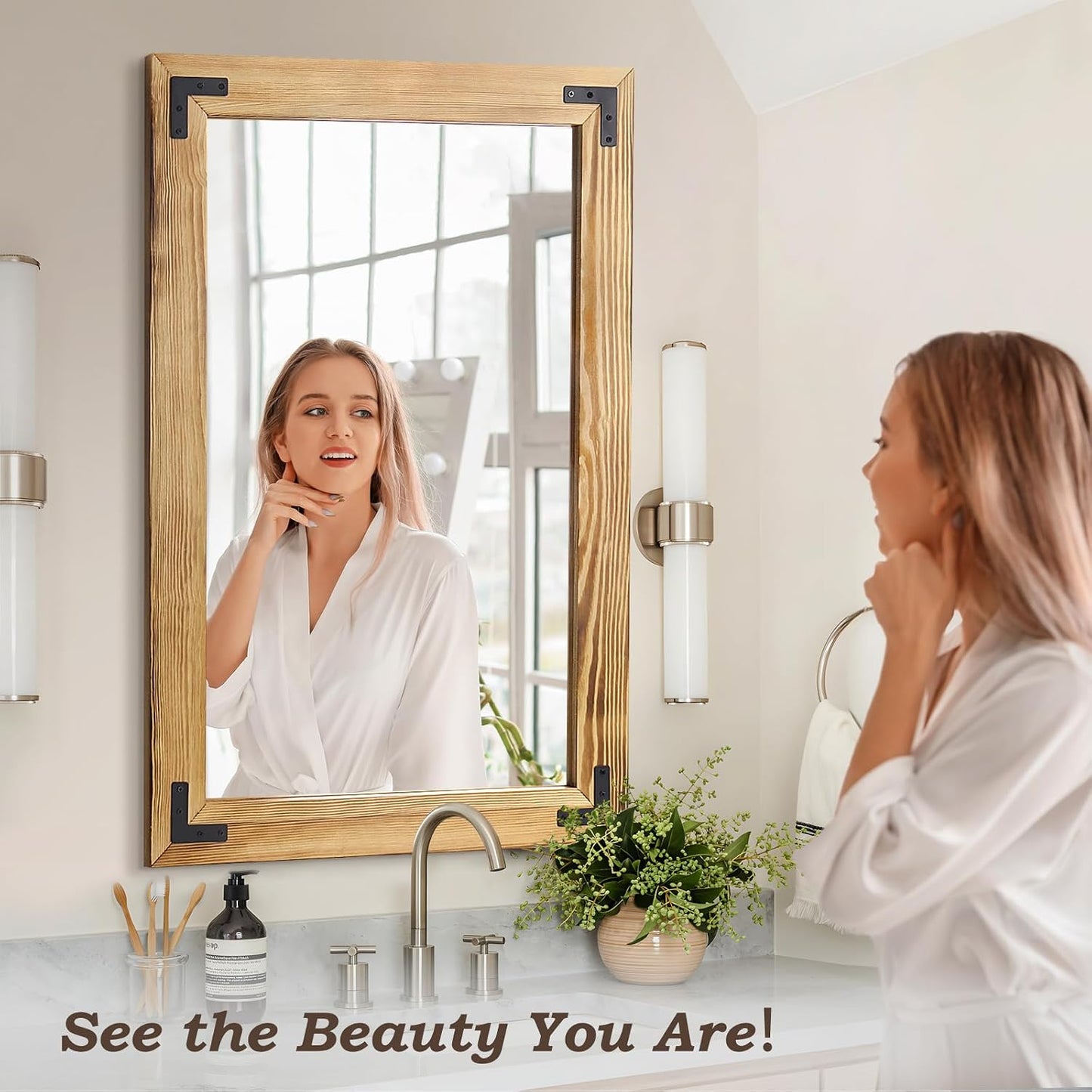 55"x22" Full Length Mirror with Wooden Frame，Natural Wooden Standing Mirror, Solid Wood Frame, Hanging or Leaning Wall-Mounted, Suit for Farmhouse, Living Room, Bedroom (Light Brown)