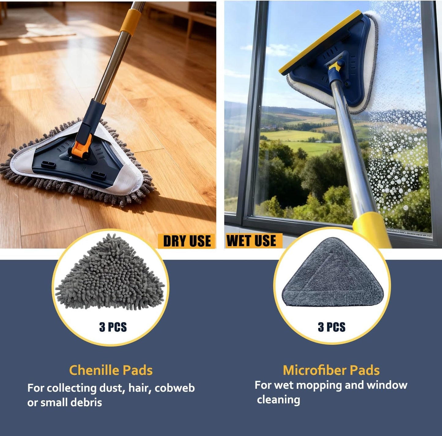 Wall Cleaner Mop with Long Handle, 5-in-1 Walls Cleaner Mops with 6 Replacement Microfiber Chenille Pads, Squeegee, Scrubber for Painted Walls, Window, Floor, Baseboards