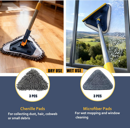 Wall Cleaner Mop with Long Handle, 5-in-1 Walls Cleaner Mops with 6 Replacement Microfiber Chenille Pads, Squeegee, Scrubber for Painted Walls, Window, Floor, Baseboards