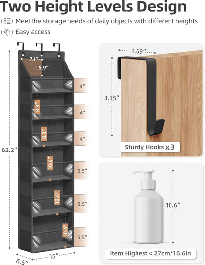 STORAGE MANIAC Over the Door Organizer 6-Shelf Closet Hanging Storage with 14 Mesh Pockets, 66lbs Capacity Clear Deep Pockets Behind Door Storage for Nursery, Bathroom, Bedroom, 1 Pack Grey