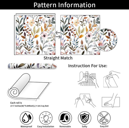 Floral Peel and Stick Wallpaper, 17.71" x 118.1" - Removable, Waterproof, Decorative Vinyl Wallpaper for Bedroom, Living Room