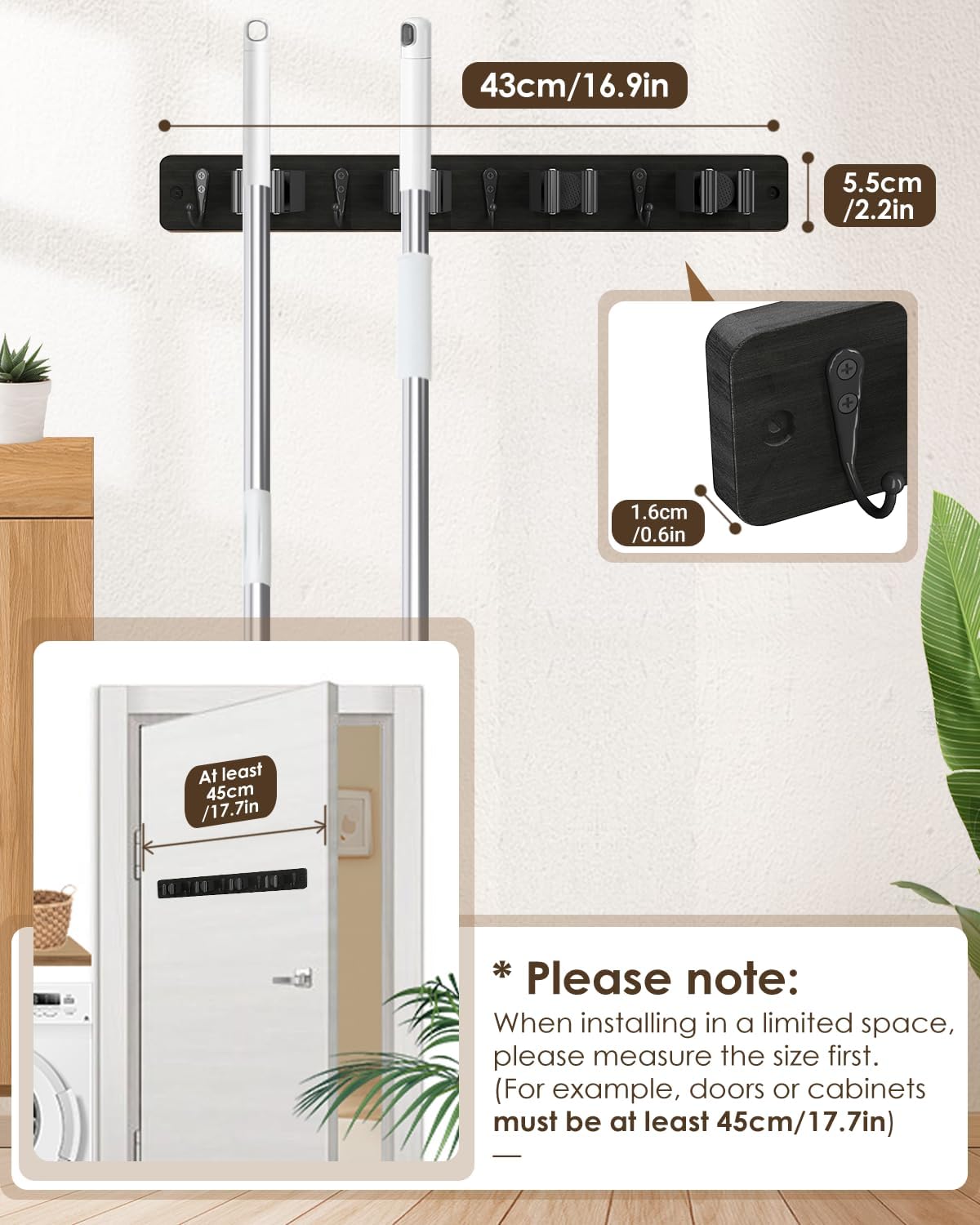 AceMining Broom Holder Wall Mounted, White 4 Holders and 4 Hooks Mop Holder, Wooden Mop and Broom Holder with Anti slip rubber, Natural pine wood Brush Holder, Mop Wall Holde with Nail installation