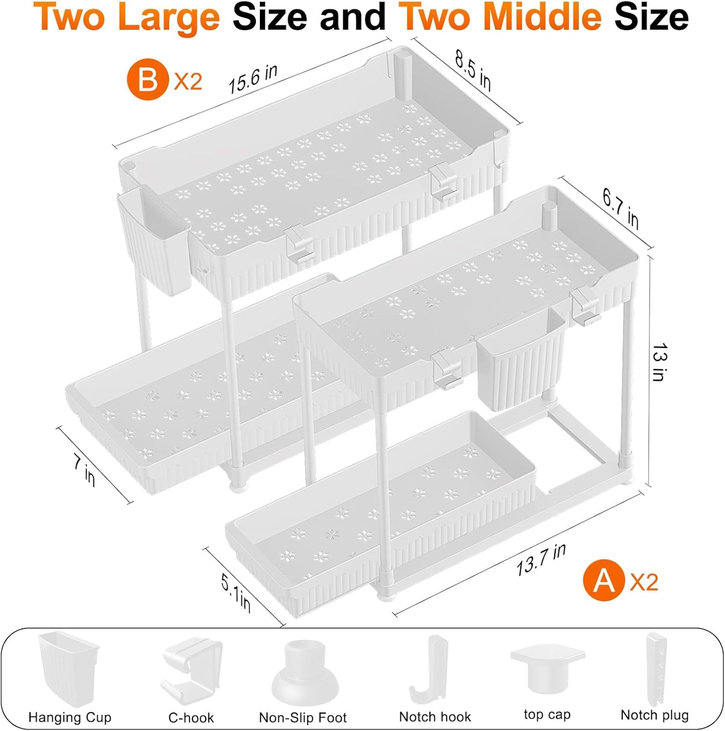 Sevenblue 4-Pack 2-Tier Under Sink Organizer with Pull Out Drawers | Multi-use kitchen & bathroom storage. Includes hanging hooks and cups. Black, space-saving cabinet design.