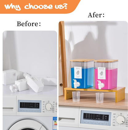 RoleDes Liquid Laundry Detergent Dispenser Set with Shelf and Bamboo Lids for Laundry Room Organization and Storage - 2 Pack 96 oz Laundry Containers for Laundry Soap, Fabric Softener