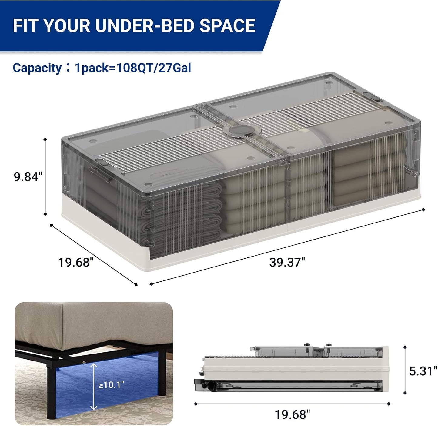 FLEXIMOUNTS 2-Pack Under Bed Storage with Wheels, 108 QT Large Collapsible & Stackable Containers, Foldable Organizer Bins for Blankets, Shoes, Books, Bedroom Closet