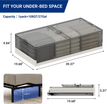 FLEXIMOUNTS 2-Pack Under Bed Storage with Wheels, 108 QT Large Collapsible & Stackable Containers, Foldable Organizer Bins for Blankets, Shoes, Books, Bedroom Closet